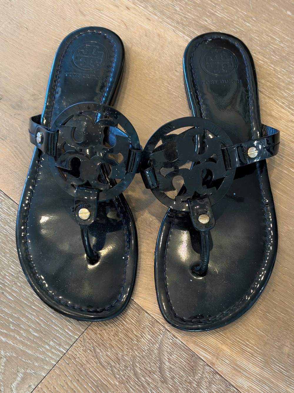 Tory Burch Black Patent Miller Logo Thong Sandals